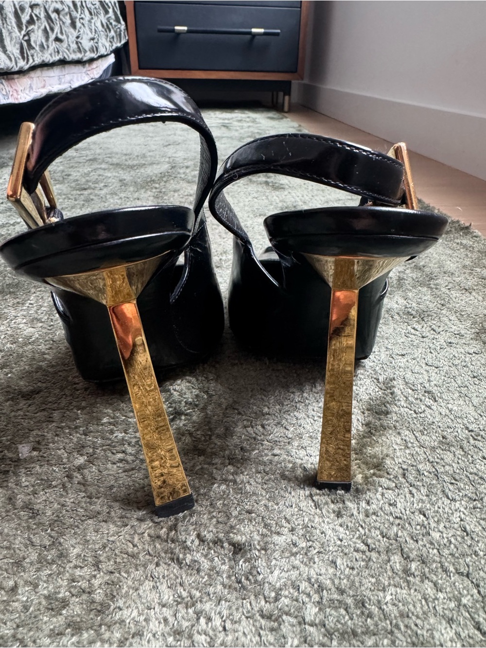 Saint Laurent Black Patent Slingback Pumps with Gold-Tone Heel - Picture 4 of 6